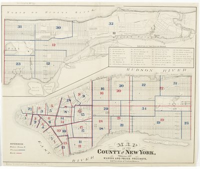 Wards ve Polis Bölgelerini ve İstasyon Evlerinin Konumunu gösteren New York County Haritası, 1870 (kağıt üzerine mürekkep) by American School