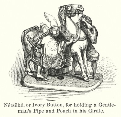 Netsuke veya Fildişi Düğme, Kuşağında Bir Beyefendinin Pipo ve Kesesini tuttuğu için (gravür) by American School