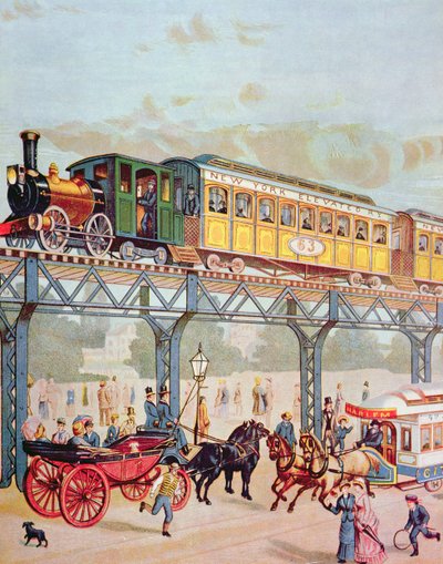New York Yükseltilmiş Demiryolu, c.1880 (renkli taş) by American School