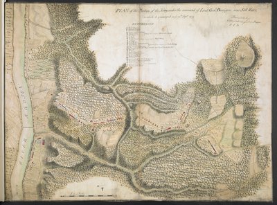 Teğmen komutasındaki Ordu Pozisyonunun Planı. Genl. Durgun Su yakınında, üzerinde konakladığı Burgoyne. 20 Eylül 1777 by American School