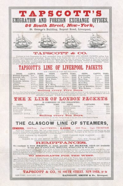 Poster reklam Tapscotts Göç ve Döviz Büroları, New York, Ocak 1859 by American School