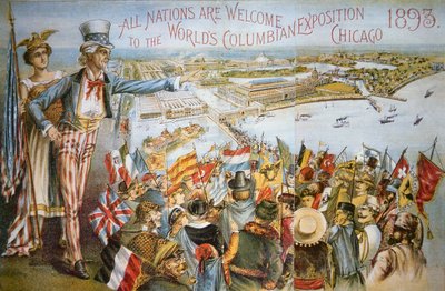 Dünyanın Kolomb Sergisinin reklamını yapan afiş, Chicago 1893 (renkli taş) by American School