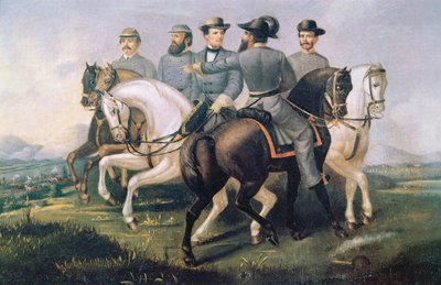 Amerikan İç Savaşı sırasında Konfederasyon Devletleri Başkanı, generalleriyle birlikte (tuval üzerine yağlı boya) by American School