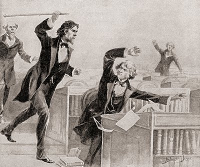 Köleliğin ateşli bir savunucusu olan Preston Smith Brooks, 22 Mayıs'ta kölelik karşıtı Senatör Charles Sumner'a Amerika Birleşik Devletleri Senatosu'nun zemininde bastonla saldırıyor. by American School
