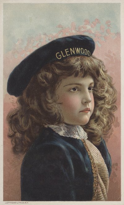 Kıvırcık kahverengi saçlı ve Glenwood (kromolito) adını taşıyan şapkalı güzel kız by American School