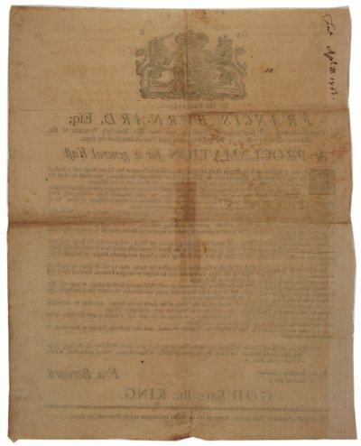 Massachusetts Körfezi Valisi Francis Bernard adına bildiri: Fransız ve Hint Savaşı sırasında bir gün oruç tutulacağını ilan etmek, 8 Nisan 1761 by American School
