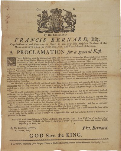 Massachusetts Körfezi Valisi Francis Bernard adına bildiri: Fransız ve Hint Savaşı sırasında bir gün oruç tutulacağını ilan etmek, 8 Nisan 1761 by American School