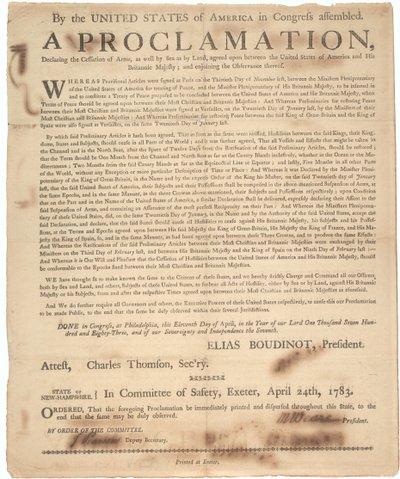 Silahların bırakıldığını ve savaşın sona erdiğini ilan eden Kongre Bildirisi, 24 Nisan 1783 by American School