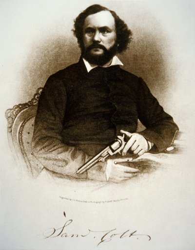 Samuel Colt vurmalı tabancalarından birini tutuyor (gravür) by American School