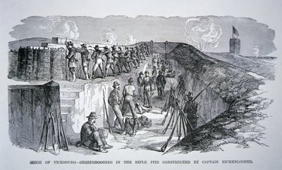 Vicksburg Kuşatması - General Hickenlooper tarafından inşa edilen tüfek çukurlarındaki keskin nişancılar (gravür) by American School