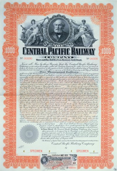 Central Pacific Railway Company Company için 1000 dolarlık örnek tahvil sertifikası, 1899 by American School
