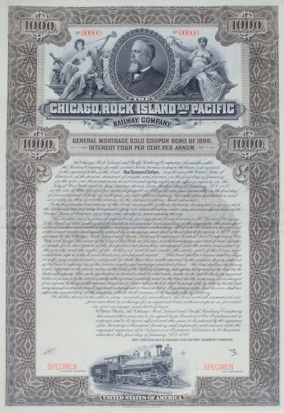 Chicago, Rock Island ve Pacific Railway Company için 1000 dolarlık örnek tahvil sertifikası, 1898 by American School