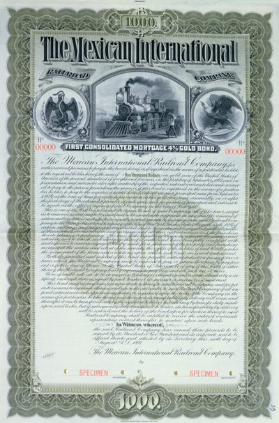 Meksika Uluslararası Demiryolu Şirketi için 1000 dolarlık örnek tahvil sertifikası, 1897 by American School