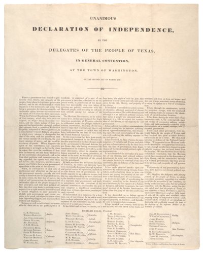 Texas Bağımsızlık Bildirgesi: Baker ve Bordens tarafından basılan oybirliğiyle bağımsızlık ilanı, 2 Mart 1836 by American School