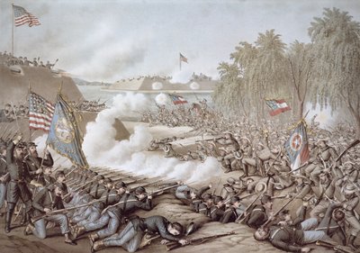 Korint Muharebesi, 3-4 Ekim 1862, Kuzey ve Güney bayraklarını gösteren, Kurz & Allison (renkli taş) by American School