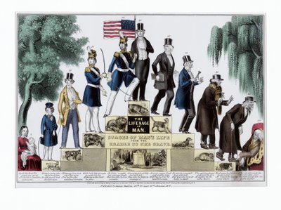 İnsanın Hayatı ve Yaşı, Beşikten Mezara İnsan Hayatının Evreleri, pub. C 1848 (el renkli gravür) by American School