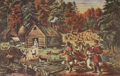 Batı Sınırındaki Öncüler Evi, pub. 1867, Köri ve Ives by American School