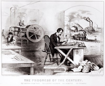 Yüzyılın İlerlemesi: Yıldırım Buharlı Pres, Elektrikli Telgraf, Lokomotif ve Vapur, pub. Currier & Ives tarafından, 1876 by American School