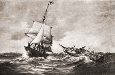 HMS Frolic'in, 18 Ekim 1812'de Atlantik'te 1812 Savaşı sırasında savaşan bir deniz harekatı olan USS Wasp savaş gemisi tarafından ele geçirilmesi, 'Ülkemizin Tarihi'nden, 1905'te yayınlandı (litho) by American School