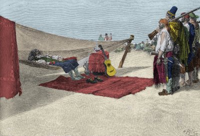 Korsan Sir Henry Morgan, 1670 civarında Panama saldırısı için adam topluyor. Howard Pyle tarafından "" "İspanyol Ana Korsanları ve Maroonerları Kitabı" by American School
