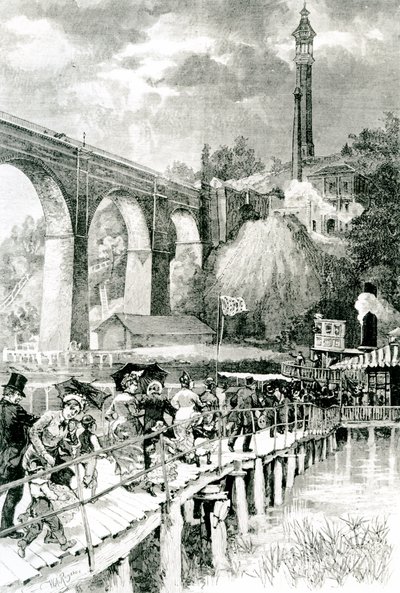 Solda Yüksek Köprü ile Harlem Nehri üzerindeki Vapurlarına Dönen Turistler, Harpers Weekly için W.A Rogers tarafından oyulmuş, 24 Temmuz 1880 by American School