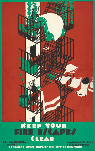 New York Şehri Yangın Merdiveninin Vintage Posteri by American School