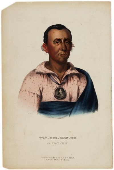 Wat-Che-Mon-Ne, Ioway Chief, J.T. Bowen tarafından yapılan baskı, Thomas L. McKenney ve James Hall tarafından yazılan The History of the History of the Indian Tribes of North America, 1842-70 dolayları by American School
