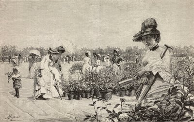 Brera'da yürüyen kadınlar, Milano, İtalya, Amerino Cagnoni'nin (1853-1923) Maggio (Mayıs) tablosundan gravür, L'Illustrazione Italiana'dan, yıl 10, sayı 43, 28 Ekim by Amerino Cagnoni