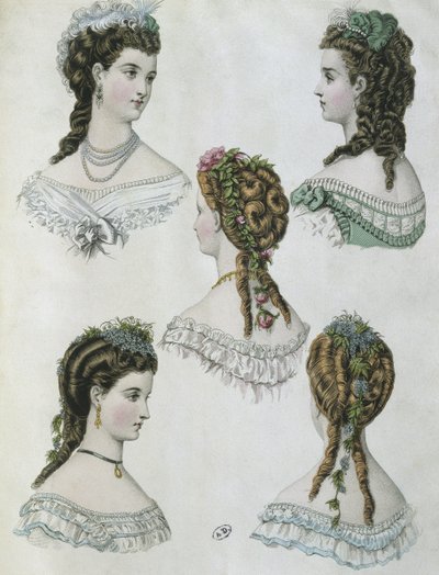 Saç modelleri, 'La Mode illustree'den bir çizim, 1860 (renkli gravür) by Anais Toudouze