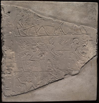 Çift Sürme, Hasat ve Çiftlik Hayvanlarını Betimleyen Bir Stela Parçası by Ancient Egyptian