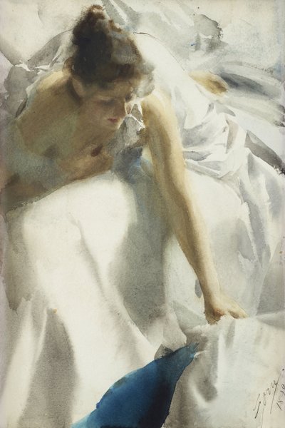""Reveil, boulevard Clichy, Paris"" (Uyanış, Boulevard Clichy) Sabahlıklı genç kız - Suluboya, Anders Leonard Zorn (1860-1920) 1892 Özel koleksiyon by Anders Leonard Zorn