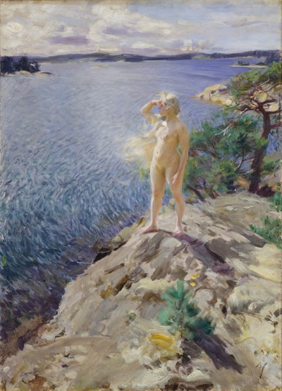""Buzlu"" Bir deniz kenarında ufku tarayan çıplak genç kadın - Anders Leonard Zorn (1860-1920) 1894 Ulusal sanat müzesi Oslo Norveç by Anders Leonard Zorn
