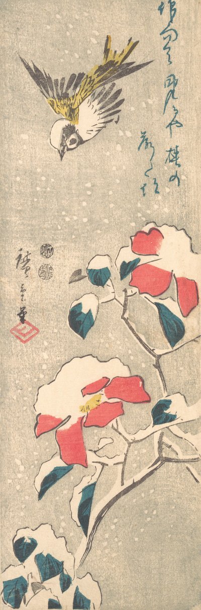 Serçe ve Karla Kaplı Camellia Tsubaki, yak. 1845., yaklaşık 1845. by Ando Hiroshige