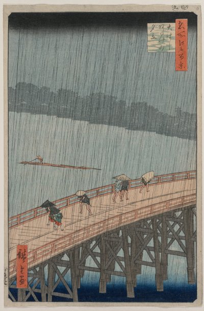 Shin-Ohashi Köprüsü ve Atake Üzerinde Ani Duş..., 1857. by Ando Hiroshige