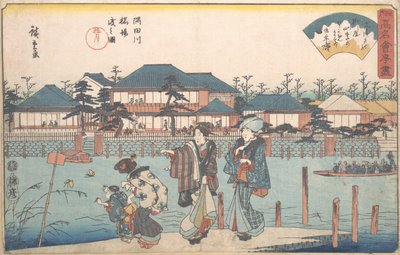 Sumida Nehri, Yanagi ailesi, çimlerden geçen bir figürdür. 1835-42. , sivrisinek. 1835-42. by Ando Hiroshige