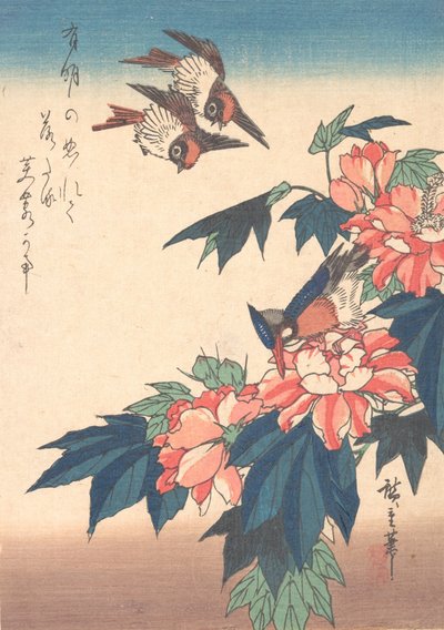 Gül Ebegümeci ile Kırlangıçlar ve Yalıçapkını , yaklaşık. 1838., yakl. 1838. by Ando Hiroshige