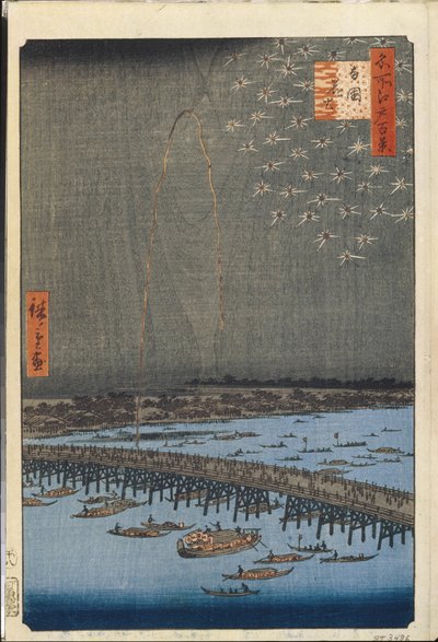 Cent vues celebres d'Edo : Ryogoku Köprüsü'nün Havai Fişekleri (Edo'nun Yüz Ünlü Manzarası) - Hiroshige, Utagawa (1797-1858) - 1856-1858 - Renkli gravür - Devlet İnziva Yeri, St. Petersburg by Ando or Utagawa Hiroshige