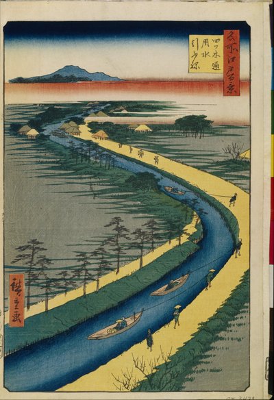 Cent vues celebres d'Edo : Yotsugi dori Kanalı'ndaki Römorkörler (Edo'nun Yüz Ünlü Manzarası) - Hiroshige, Utagawa (1797-1858) - 1856-1858 - Renkli gravür - Devlet İnziva Yeri, St. Petersburg by Ando or Utagawa Hiroshige