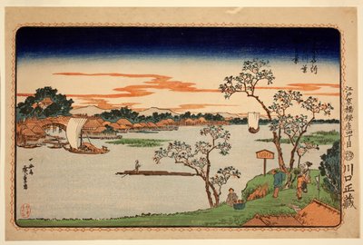 Sumida Nehri Yanında Yapraklı Kiraz Ağaçları, Doğu Başkentindeki Ünlü Yerler serisinden, c.1831 (renkli tahta baskı) by Ando or Utagawa Hiroshige