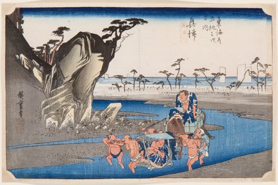 Deux lutteurs de sumo traversant la riviere Okitsu. Estampe de Utagawa Hiroshige (1797-1858), vers 1830 -- Okitsu yakınlarında Okitsu Nehri