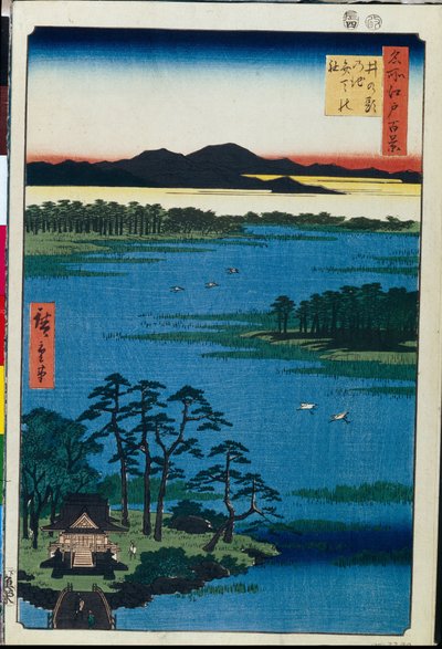 Japon tahta baskı: Inokashira Gölü kıyısındaki Benten Tapınağı (Tokyo, Japonya) Edo