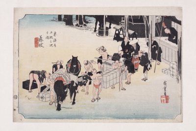 Fujieda: Taşıyıcıları ve Atları Değiştirme (Fujieda, jinba tsugitate) (renkli tahta baskı) by Ando or Utagawa Hiroshige