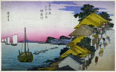 Coğrafya. Japonya. Kanagawa (4. istasyon). Hiroshige#39;nin gravürü: Tokaido#39;nun Elli Üç İstasyonu (1833-1834). Kartpostal, Japonya, 1900 dolayları (kartpostal) by Ando or Utagawa Hiroshige