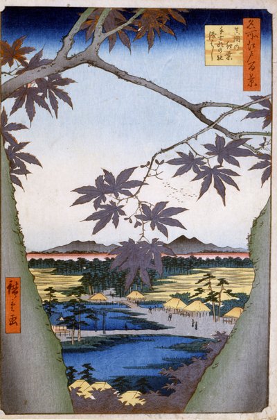 Maples to Mama, Tekona Tapınağı ve Tsugi Köprüsü ile. 1857. Katswshika (Utagawa) Hiroshige (1797-1858) tarafından yapılan baskılar. by Ando or Utagawa Hiroshige