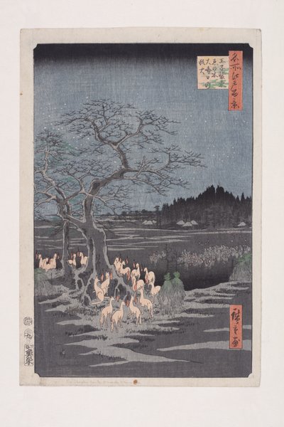 Değişen Ağaçta Yılbaşı Gecesi Ateşleri, ?ji (?ji Sh?zoku enoki ?misoka no kitsunebi) (renkli tahta baskı) by Ando or Utagawa Hiroshige