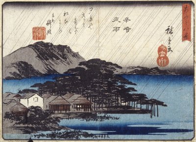 Karasaki'de Gece Yağmuru (renkli tahta baskı) by Ando or Utagawa Hiroshige