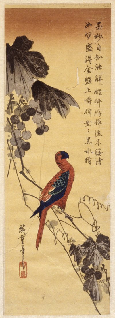 Parrot And Grape Vines (renkli tahta baskı) by Ando or Utagawa Hiroshige