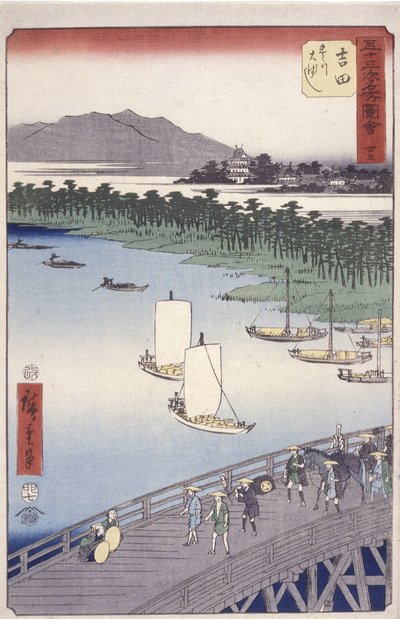 İstasyon 35, Yoshida; Kyoka Tokaido Serisi (Ön Planı Kesen Figürler) (renkli tahta baskı) by Ando or Utagawa Hiroshige