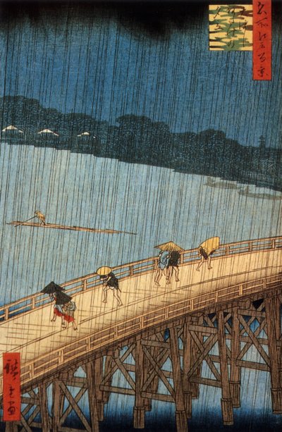 Japonya'daki Ohashi Köprüsü'ndeki Ani Sağanak (yudashi), Ando Hiroshige'nin gravürü by Ando or Utagawa Hiroshige