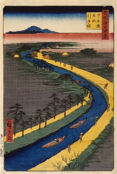 Yotsugidir Kanalında Römorkörler (renkli tahta baskı) by Ando or Utagawa Hiroshige